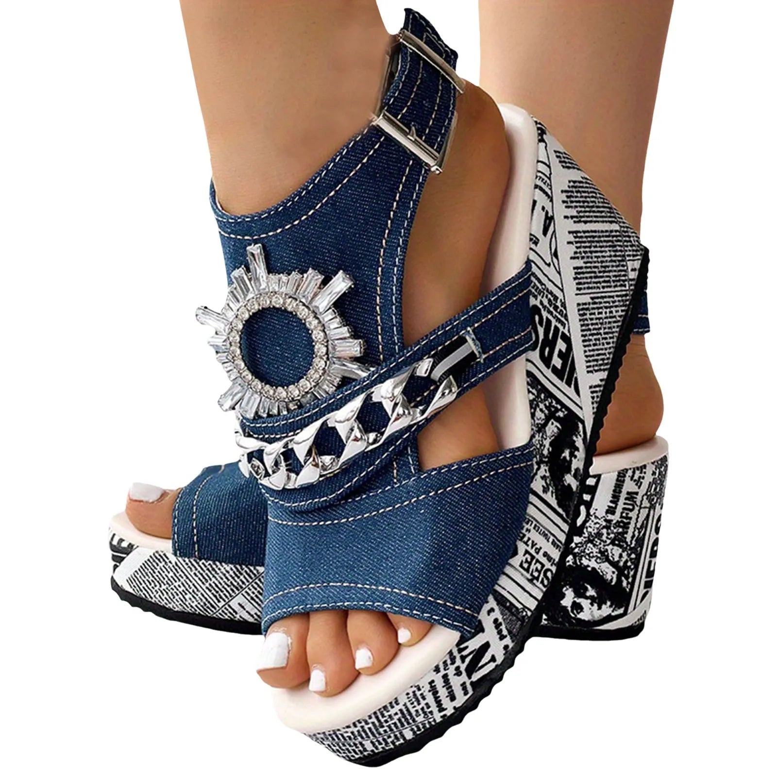 Summer Sandals Women 2024 Large Size Wedge Heel Denim Round Head Fish Mouth Sandals Comfortable Versatile Women Sandals On Offer