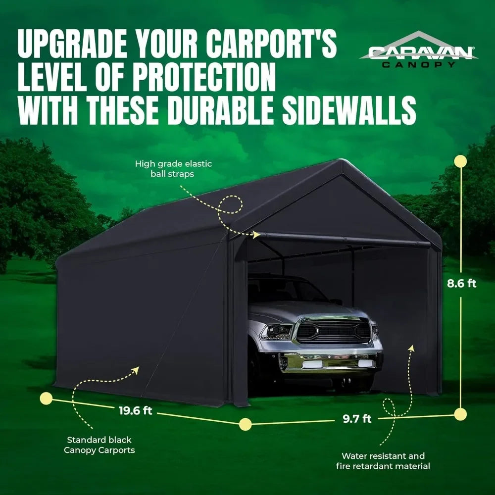 Canopy Domain 10 X 20 Foot Durable Portable Garage Carport Canopy Car Tent Sidewalls with Dual Zippers and Roll Up Door, Black