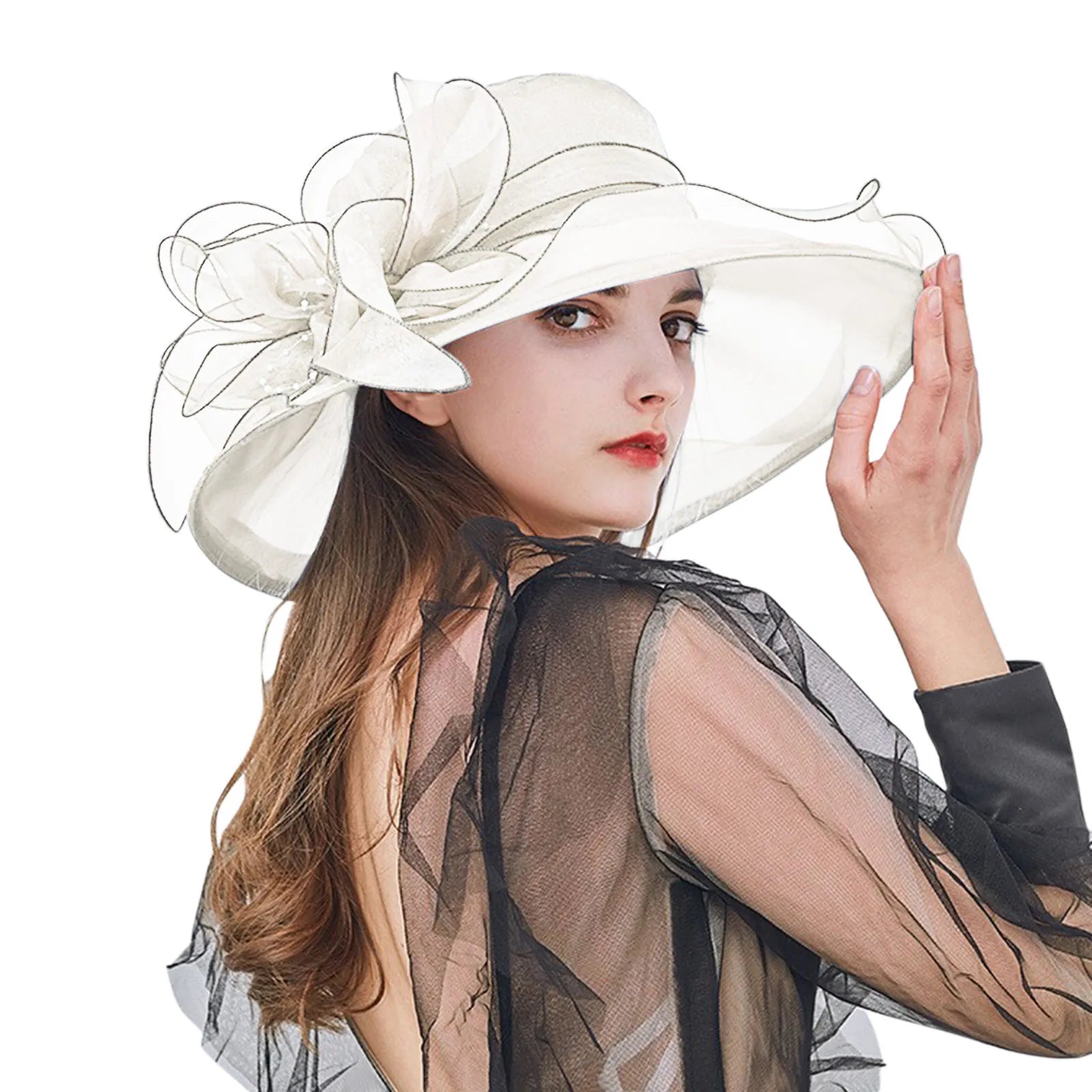 Elegant Women's Summer Hat Wide Bridal Style Leaf Flower Mesh Polyester Shower Hats Solid Color Sun Protection Visors Caps