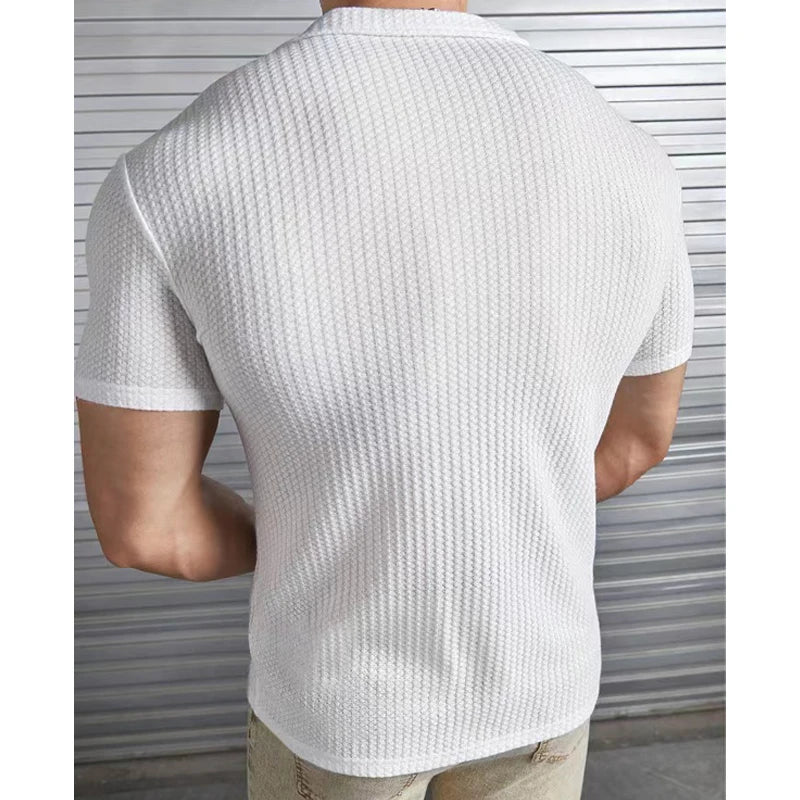 Men's Shirts Summer Turn-down Collar Stirpes Solid Waffle Casal Cardigan Loose Muscle Casual Short Sleeve Shirt For Male Tops