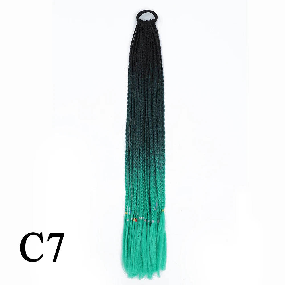 Synthetic 24 Inch Long Colored Box Braids Hair Ponytail With Rubber Bands Rainbow Twist Braided Highlights Ponytail For Women