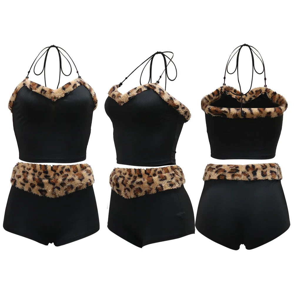 CM.YAYA Women's Set Strapless Sleeveless Leopard Print halter  Top and Shorts Suits 2024 Street Two 2 Piece Set Outfit Tracksuit