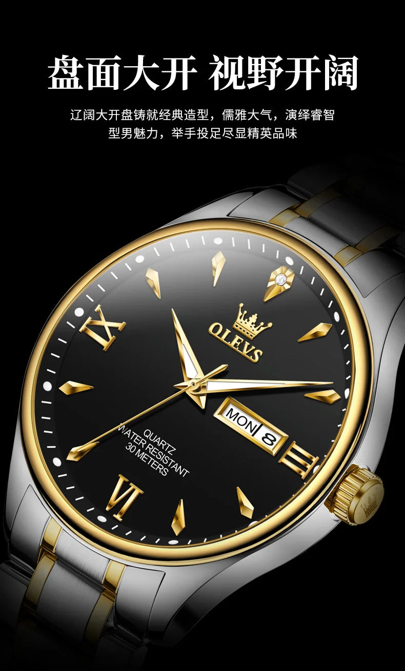 OLEVS Fashion Brand Original Men's Watches Week Calendar Luminous Quartz Watch for Men Waterproof Stainless Steel Strap Business