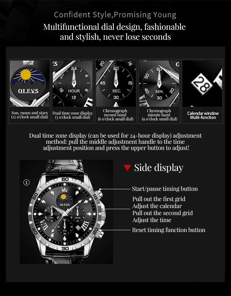 OLEVS 2949 Original Men's Watches Exclusive Design Chronograph Moon Phase Waterproof Leather strap Trend Male Wristwatches