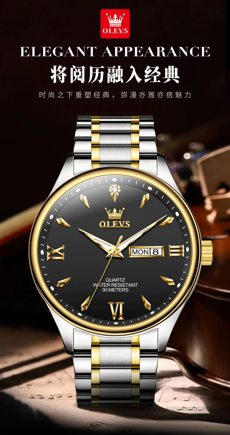 OLEVS Fashion Brand Original Men's Watches Week Calendar Luminous Quartz Watch for Men Waterproof Stainless Steel Strap Business