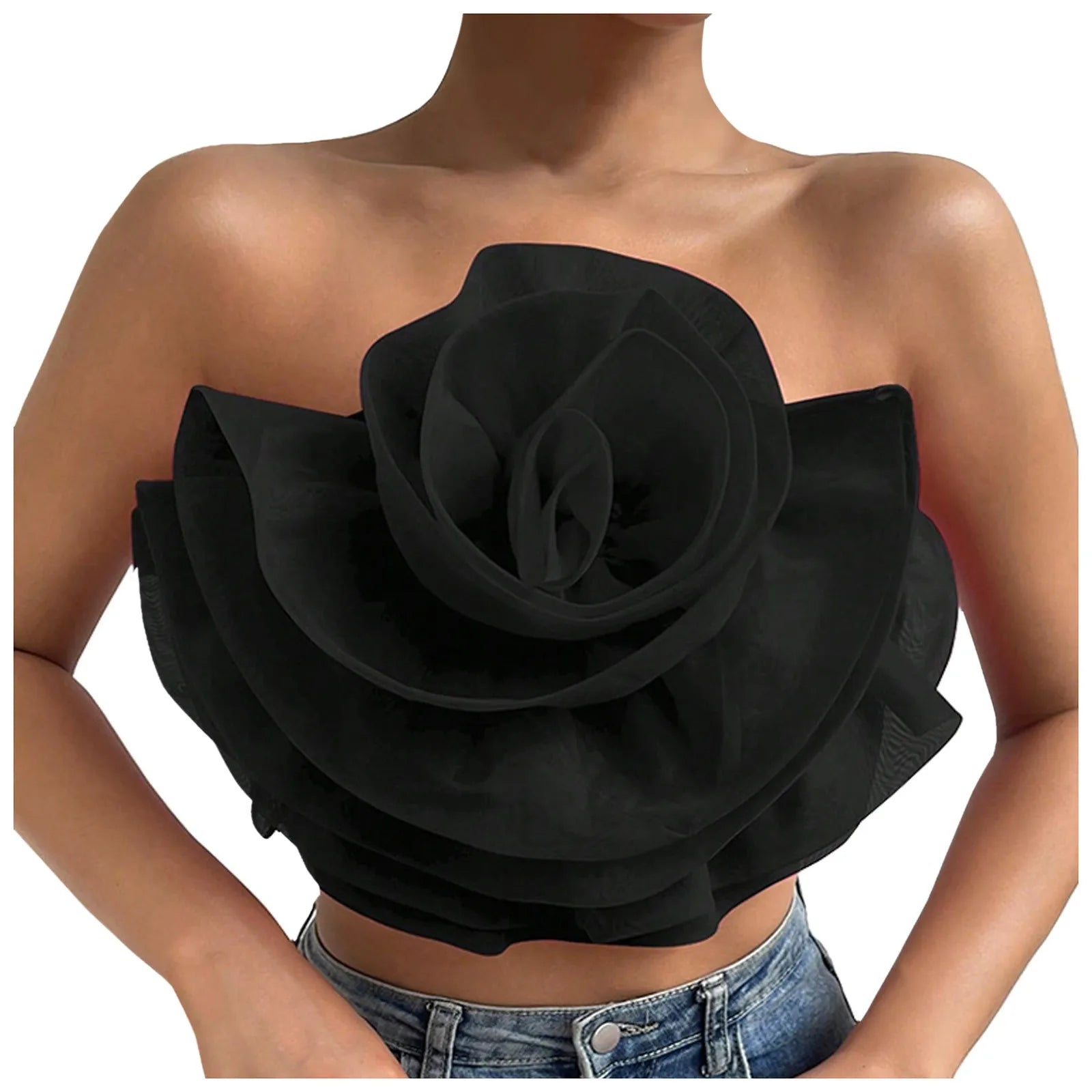 Women's Flower Front Crop Tube Top Sleeveless Strapless Solid Shirred Tops Summer 2024 Chic Trendy Clothes Vest Tank Female Tops