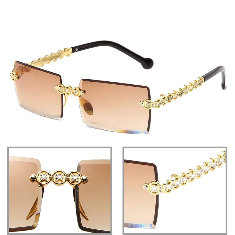 Fashion Rimless Diamond Sunglasses Brand Design Women Small Square Metal Sun glasses Luxury Shades UV400 Eyewear Gafas De Sol