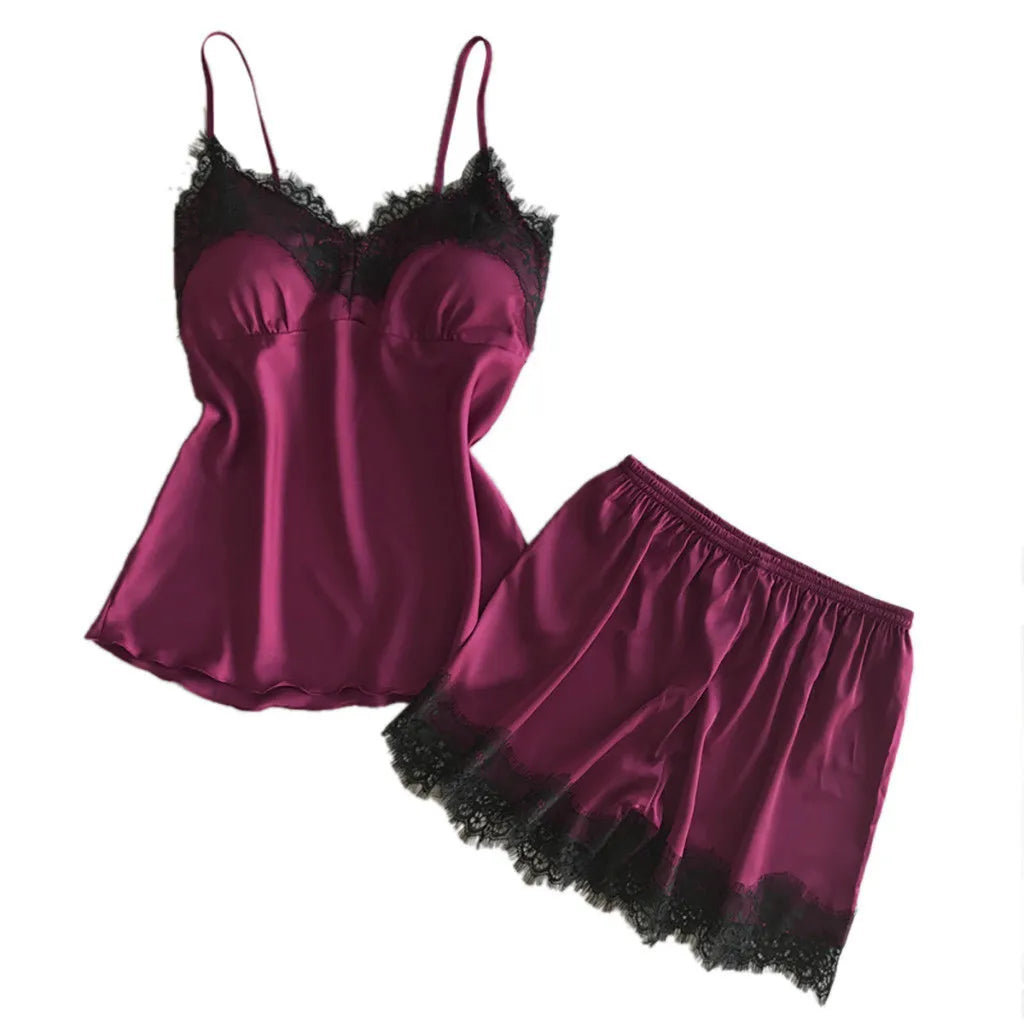 Sexy Burgundy Lace Trim Short Sleep Sets Soft Comfortable Satin Silky Solid Color Pajama Set Female Nightwear Nightdress