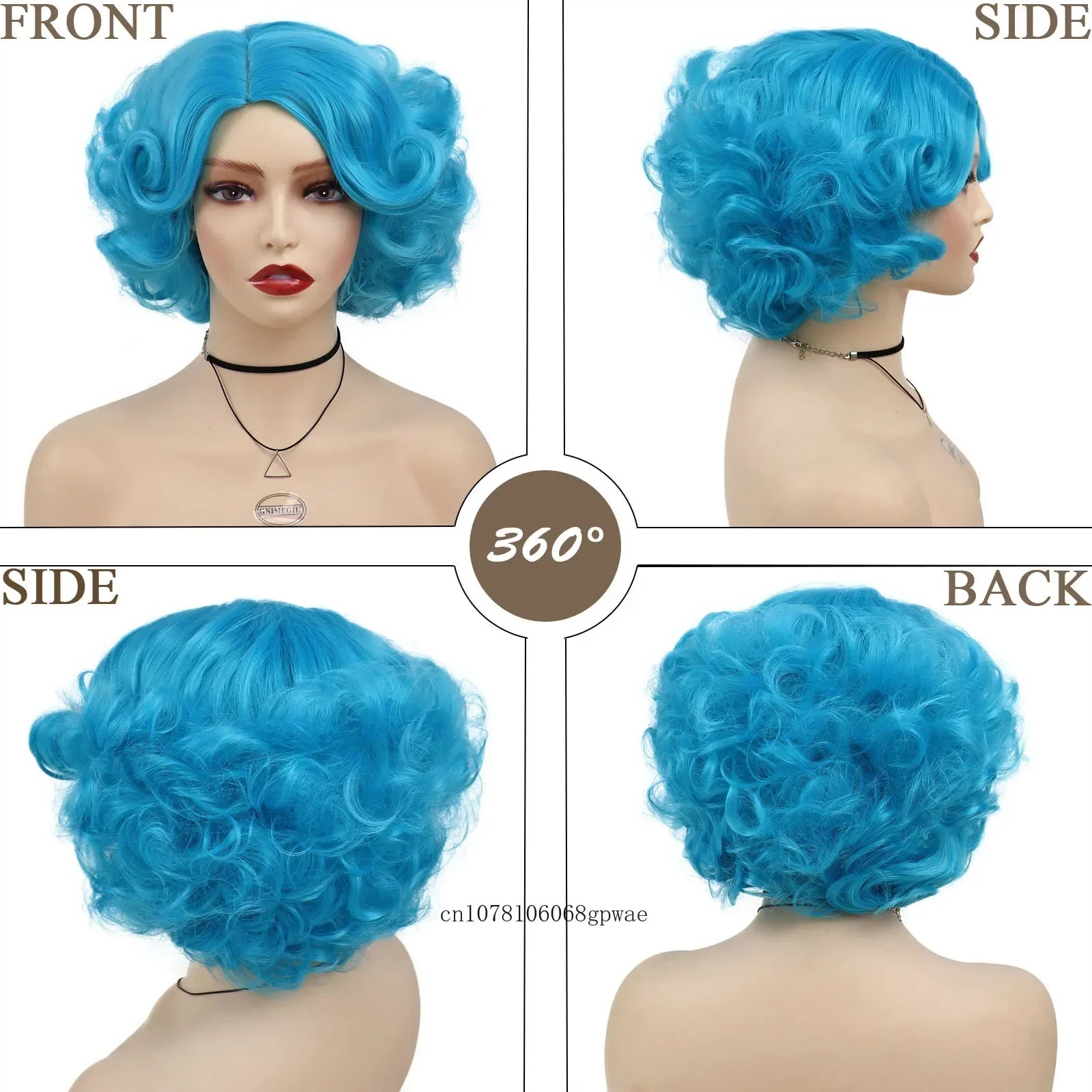 Synthetic Blue Wigs Cosplay Halloween Party Carnival Use Short Curly Wig for Women Natural Fluffy Hair Side Parting Hairstyle