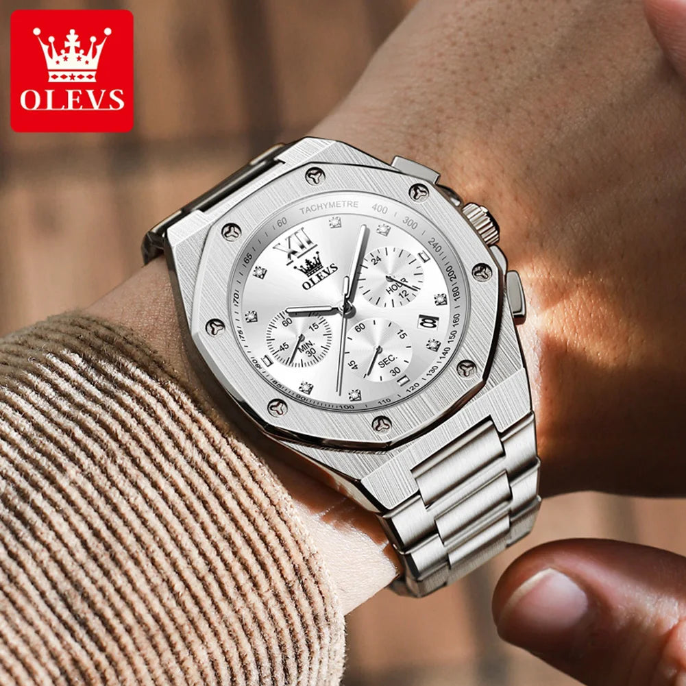 OLEVS Top Brand Men's Watches Stainless Steel Tough Guy Original Quartz Watch for Man Waterproof Luminous Date Chronograph Reloj