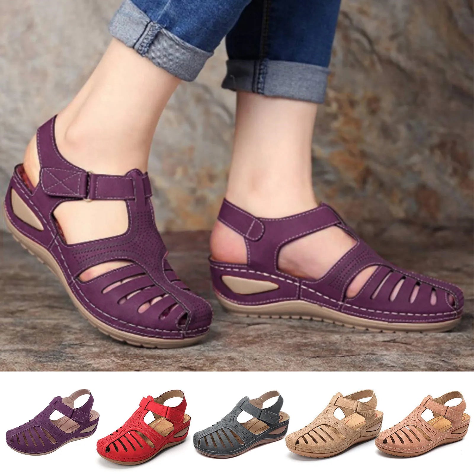 Thick Sole Sandals Woman Summer 2023 Leather Closed Toe Vintage Anti Slip Sandals Thick Sole Premium Shoes  Outdoor Female Shoes