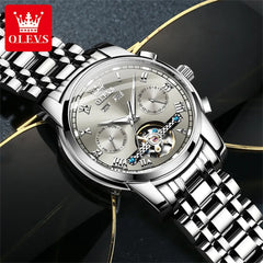 OLEVS Brand Automatic Mechanical Men Watches Waterproof Stainless Steel Strap Watch for Man Skeleton Calendar Hollow out Design