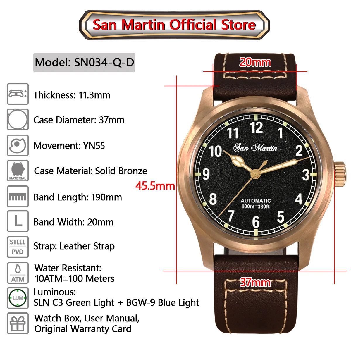 San Martin 37mm Pilot Men Watch YN55 Cusn8 Bronze Vintage Military Simple Style Automatic Mechanical Leather 100M Waterproof