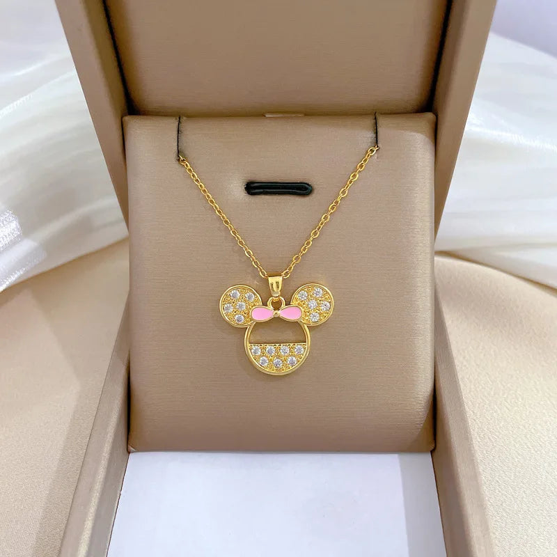 Disney Cartoon Mickey Minnie Mouse Zircon Pendant Necklace for Women Girl Stainless Steel Chain Sweet Gift for Friends Kids