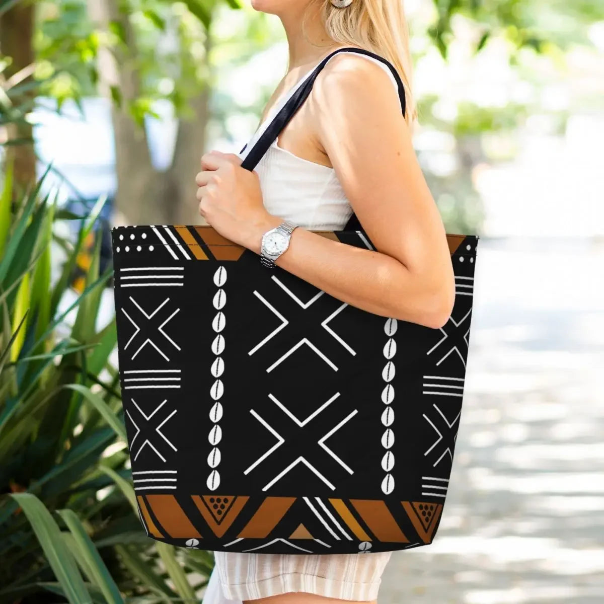 African Mud Cloth Bogolan Design Shopping Bag Shoulder Canvas Tote Bag Durable Tribal Geometric Art Groceries Shopper Bags