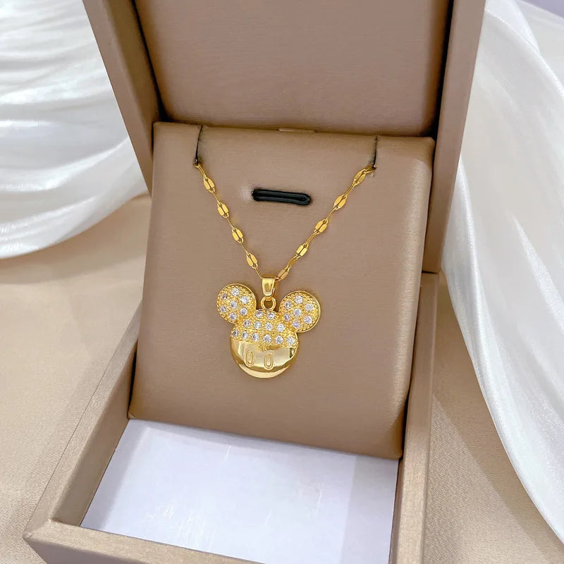 Disney Cartoon Mickey Minnie Mouse Zircon Pendant Necklace for Women Girl Stainless Steel Chain Sweet Gift for Friends Kids