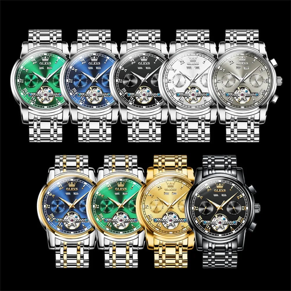 OLEVS Brand Automatic Mechanical Men Watches Waterproof Stainless Steel Strap Watch for Man Skeleton Calendar Hollow out Design