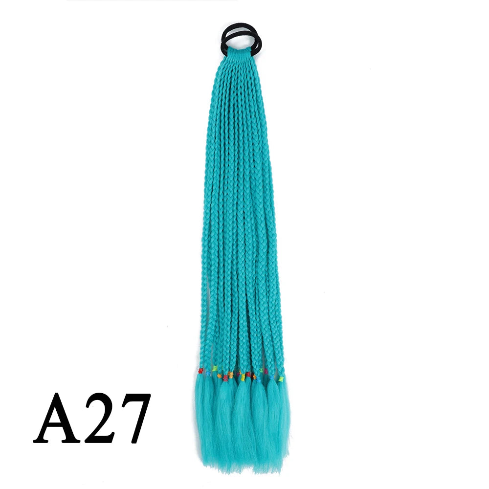 Synthetic 24 Inch Long Colored Box Braids Hair Ponytail With Rubber Bands Rainbow Twist Braided Highlights Ponytail For Women