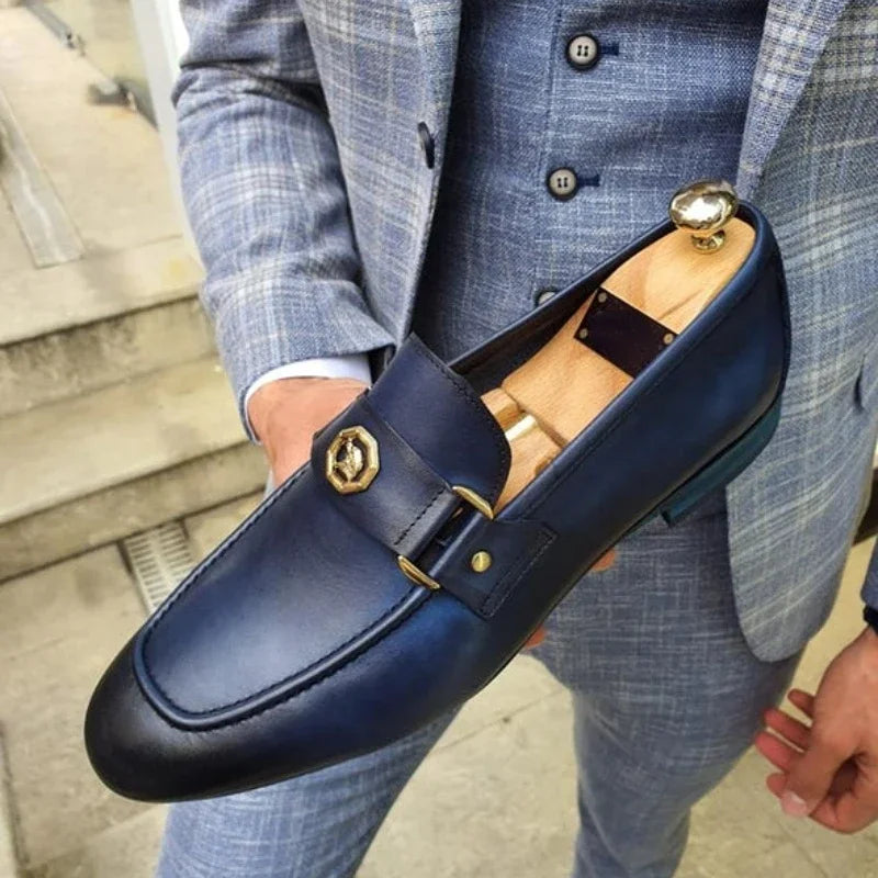 Men Loafers Blue Brown Metal Decoration Fashion Business Classic Slip-on Men Dress Shoes for Men with