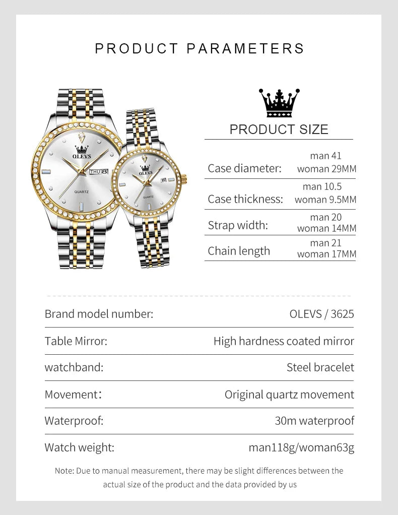 OLEVS Couple Watch Luxury Brand Business Waterproof Stainless Steel Watch Elegant Dress His or Her Diamond Quartz Couple Watch