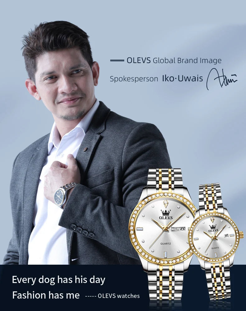 OLEVS Couple Watch Luxury Brand Business Waterproof Stainless Steel Watch Elegant Dress His or Her Diamond Quartz Couple Watch