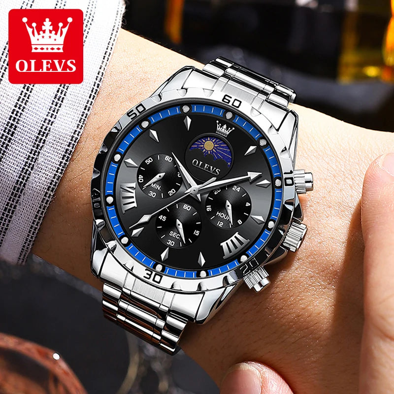 OLEVS Fashion Brand Men's Watch Waterproof and Luminous Calendar Lunar Phase Timing Code Watch Luxury Sports Men's Quartz Watch