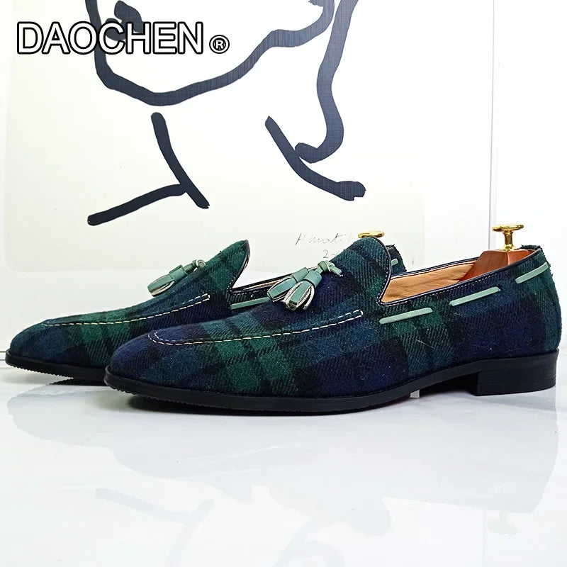 LUXURY BRAND MEN'S LOAFERS SHOES GREEN BLACK GINGHAM TASSEL SUEDE CASUAL DRESS MAN SHOES GENUINE LEATHER LOAFERS FOR MEN