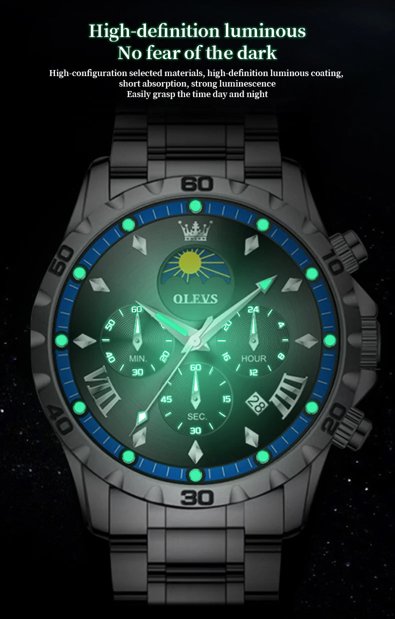 OLEVS Fashion Brand Men's Watch Waterproof and Luminous Calendar Lunar Phase Timing Code Watch Luxury Sports Men's Quartz Watch