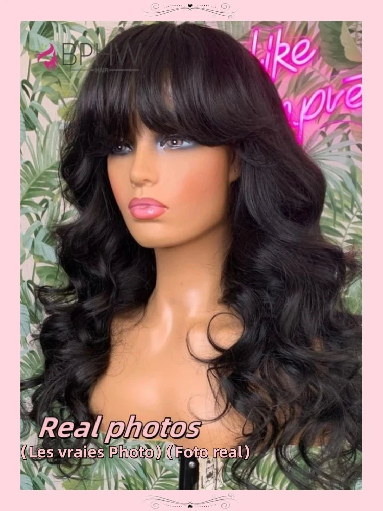 30 inches Body Wave Human Hair Wigs With Bangs Short Bob Wig 180% Density Brazilian Fringe Remy Full Machine Made Wig For Women