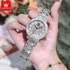 OLEVS Top Original Brand Women's Watches Elegant Luxury Full Diamond Quartz Watch for Lady's Waterproof Silver Female Wristwatch