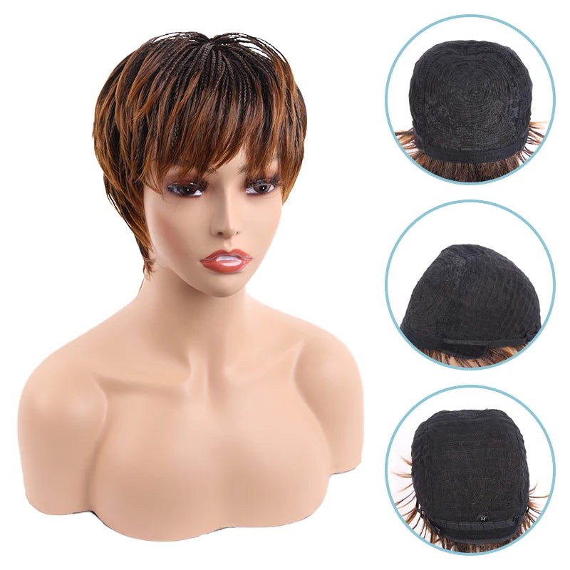 Short Box Braided Wigs for Black Women Synthetic Straight Hair Wigs With Natural Bangs Black Brown Braiding Wig Natural Looking