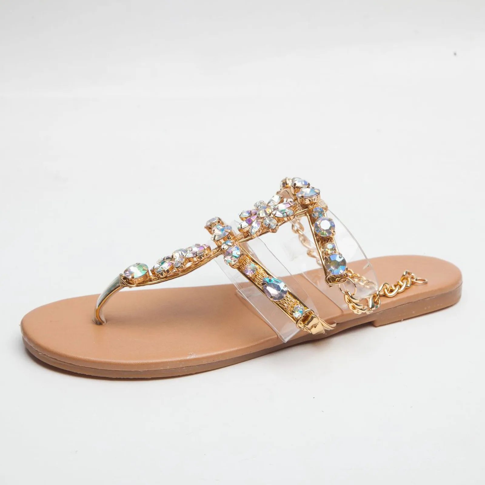 2023 Summer New Women Sandals Casual Flats Rhinestone Round Toe Sandals Buckle Strap Shoes Bohemian Style Flat Sapatos Feminino