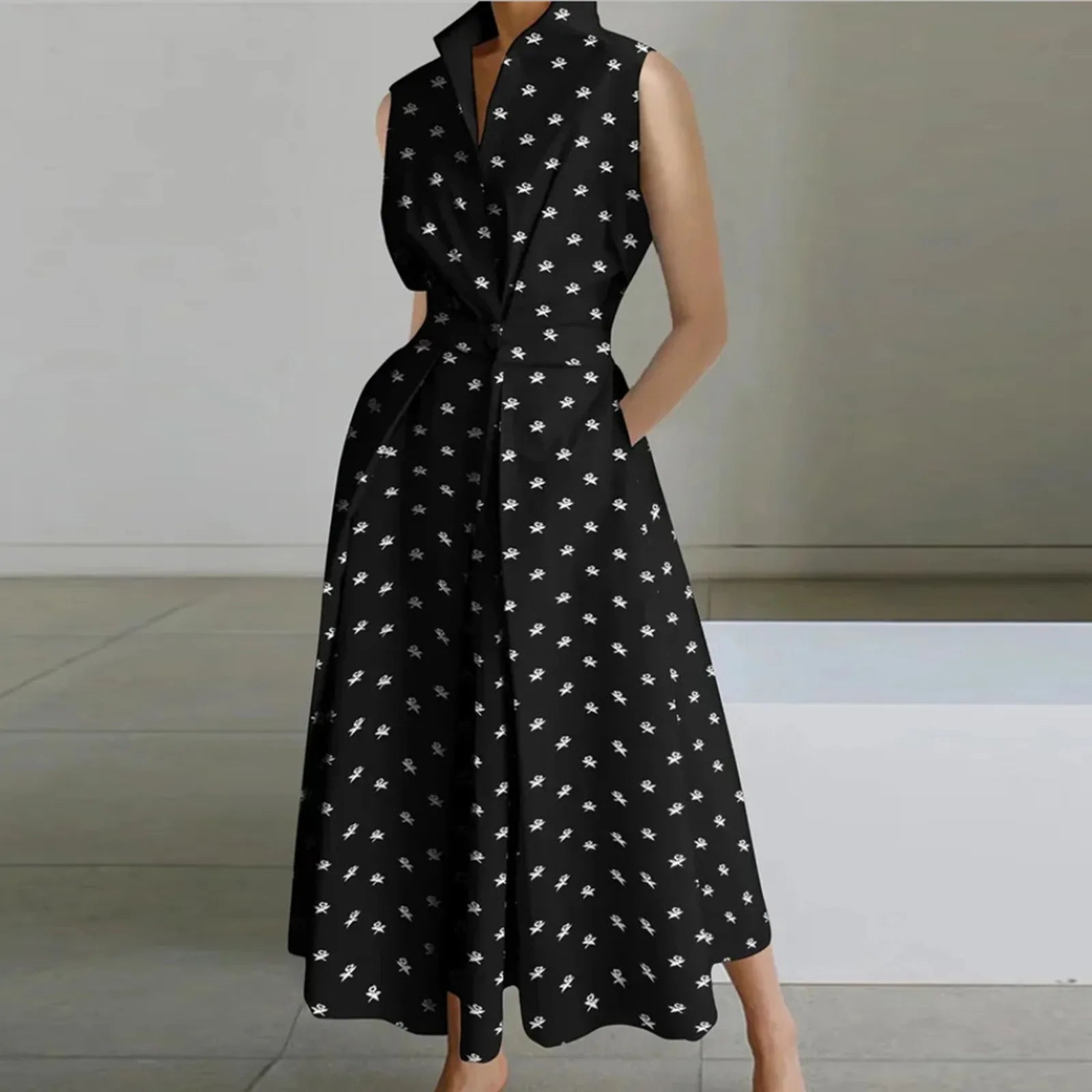 Temperament Long Dresses Dresses Stup Collar Wave Dot Dress Button Fishtail Dress With Pockets Dresses For Women Plus Size