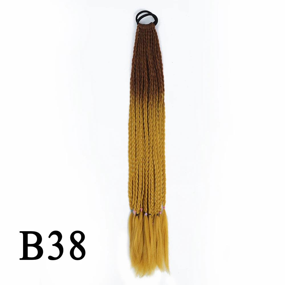 Synthetic 24 Inch Long Colored Box Braids Hair Ponytail With Rubber Bands Rainbow Twist Braided Highlights Ponytail For Women