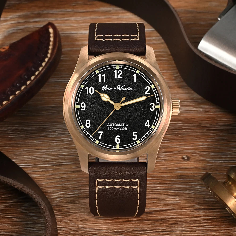 San Martin 37mm Pilot Men Watch YN55 Cusn8 Bronze Vintage Military Simple Style Automatic Mechanical Leather 100M Waterproof