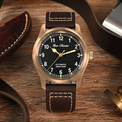 San Martin 37mm Pilot Men Watch YN55 Cusn8 Bronze Vintage Military Simple Style Automatic Mechanical Leather 100M Waterproof