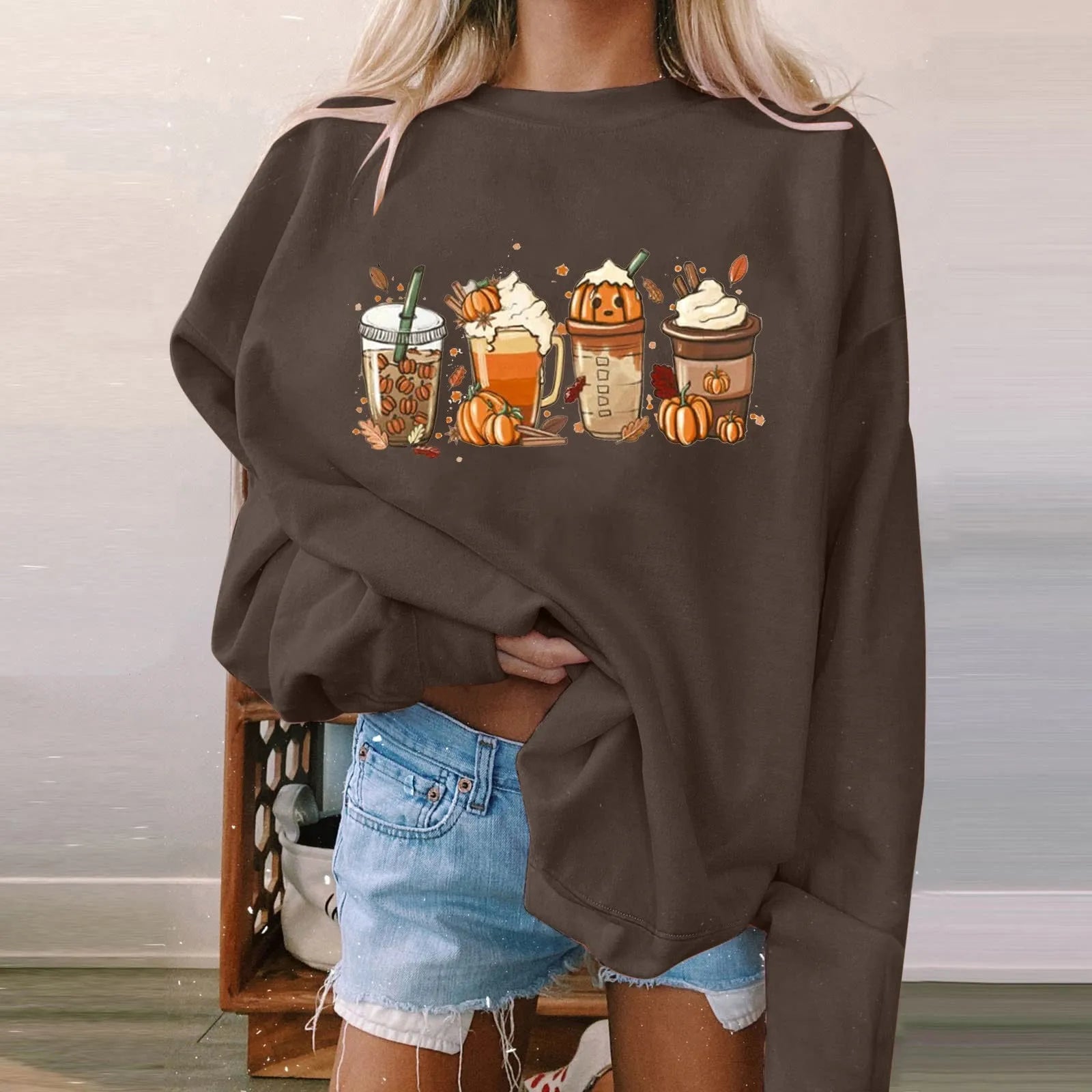 Women's Halloween Sweatshirt Colored Spooky Four Pumpkins Funny Autumn Women Long Sleeve Jumper Halloween Pullovers Top