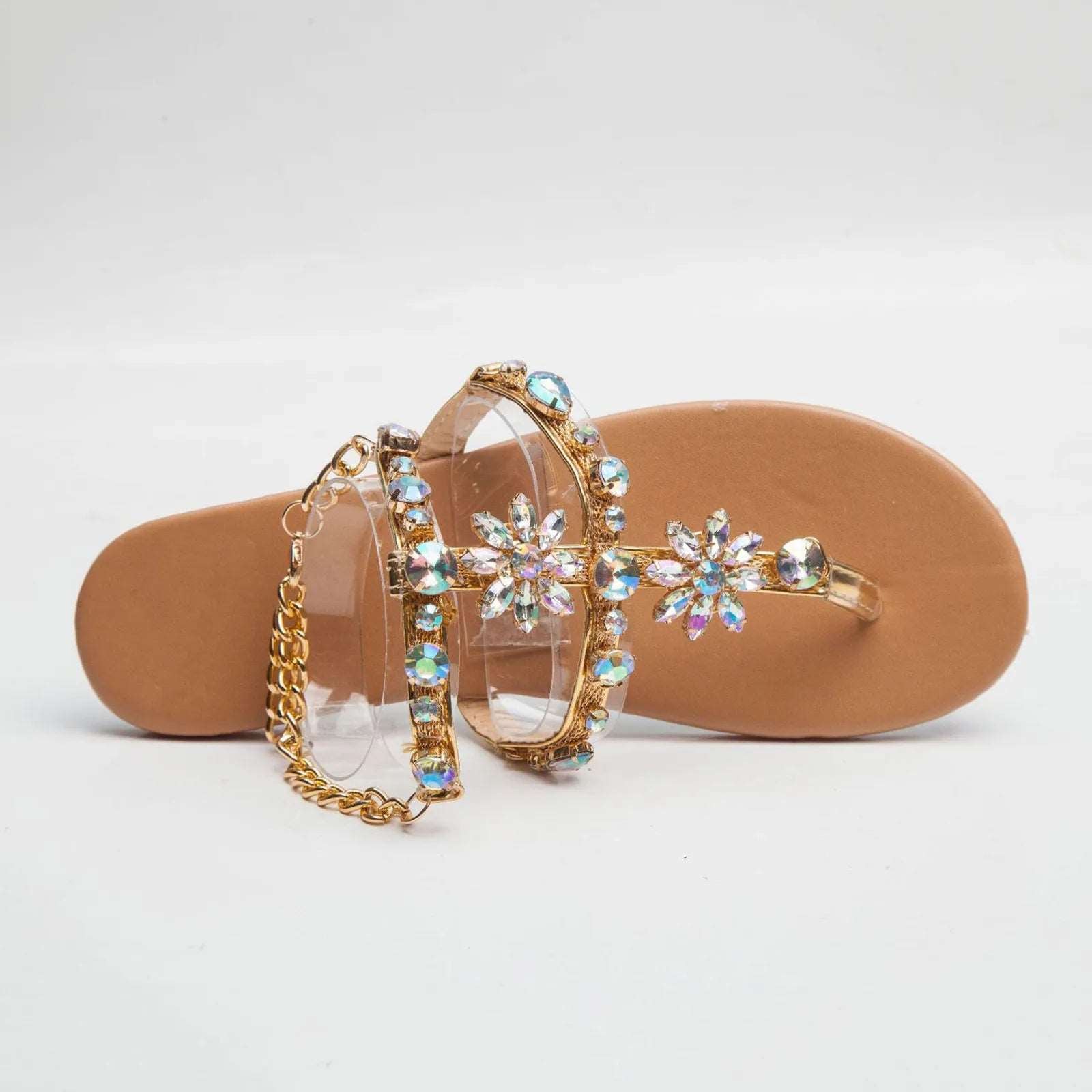 2023 Summer New Women Sandals Casual Flats Rhinestone Round Toe Sandals Buckle Strap Shoes Bohemian Style Flat Sapatos Feminino