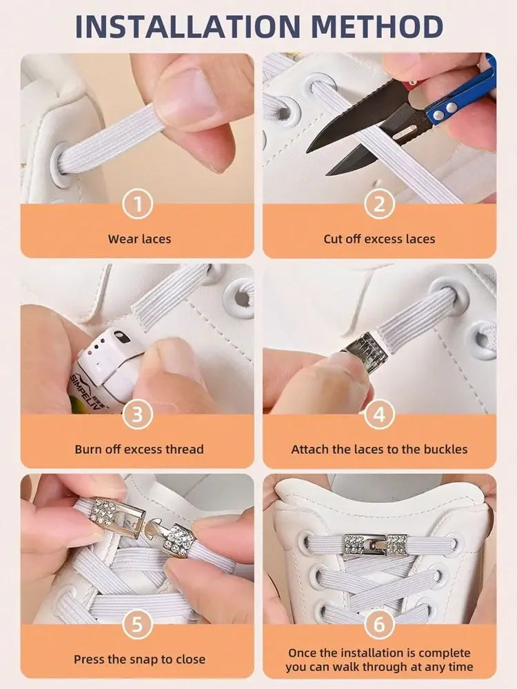 Fashion Flat Shoe Laces Suitable for Sneakers Elastic No Tie Shoelaces Rhinestone Cross Lock Tieless Shoelace and Athletic Shoes