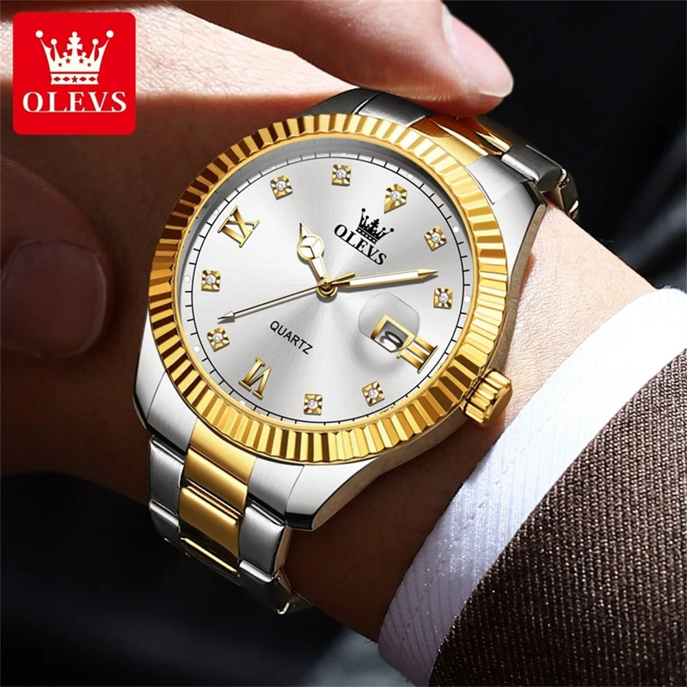 OLEVS 3623 Men's Watches Business Luxury Diamond Roman Scale Waterproof Luminous Stainless steel Gold Wristwatches Man