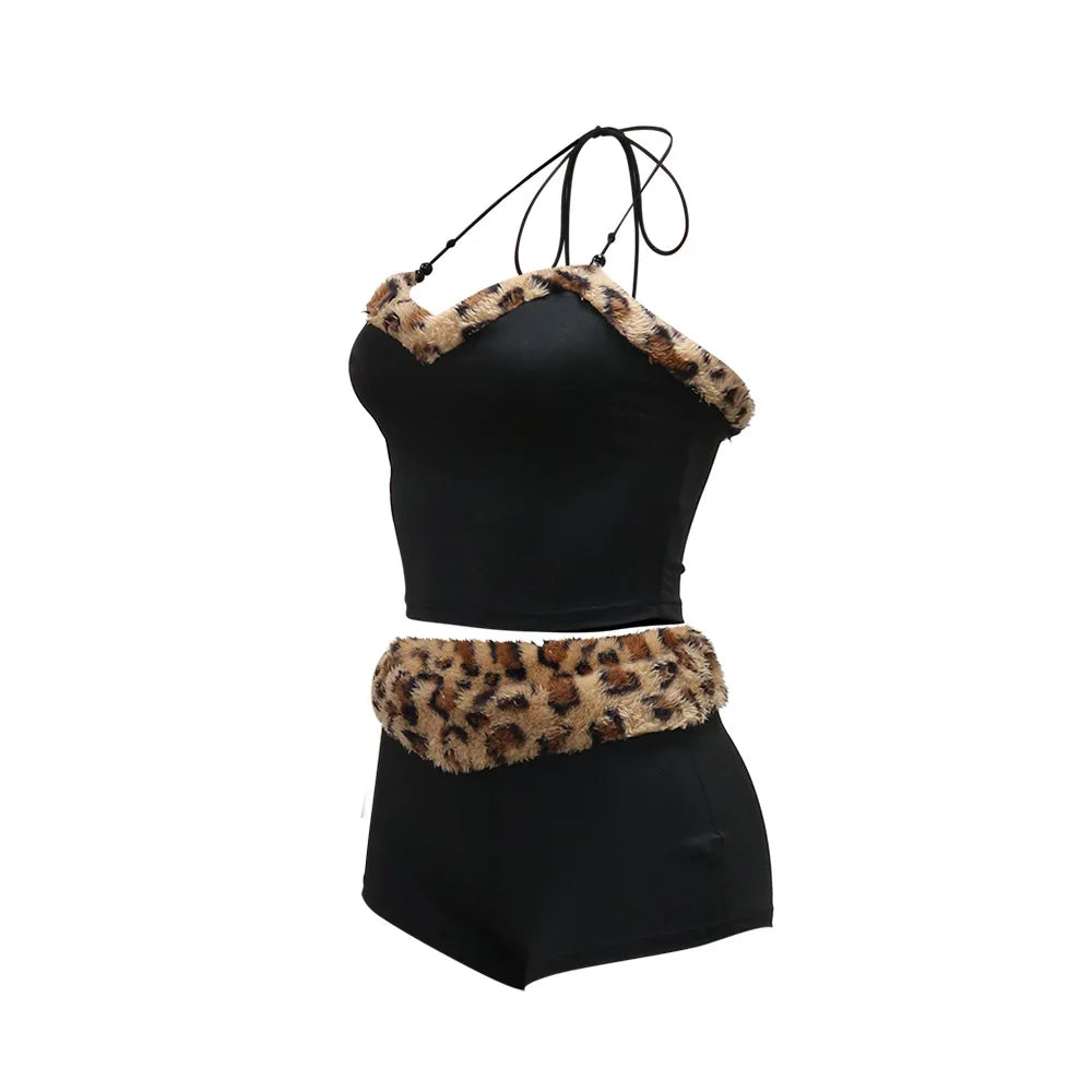 CM.YAYA Women's Set Strapless Sleeveless Leopard Print halter  Top and Shorts Suits 2024 Street Two 2 Piece Set Outfit Tracksuit