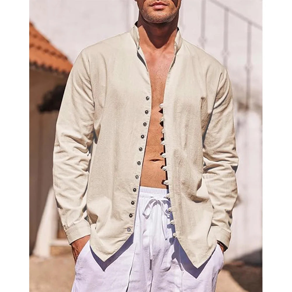 Men's Cotton Linen Shirt Long Sleeve Shirts Men Beach Shirt Summer Casual Solid Color Stand Collar Men's Shirt