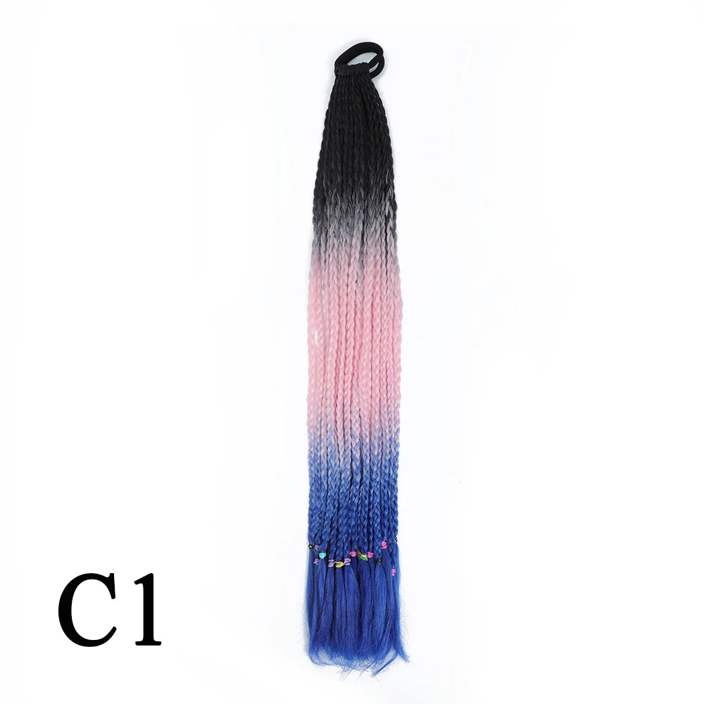 Synthetic 24 Inch Long Colored Box Braids Hair Ponytail With Rubber Bands Rainbow Twist Braided Highlights Ponytail For Women