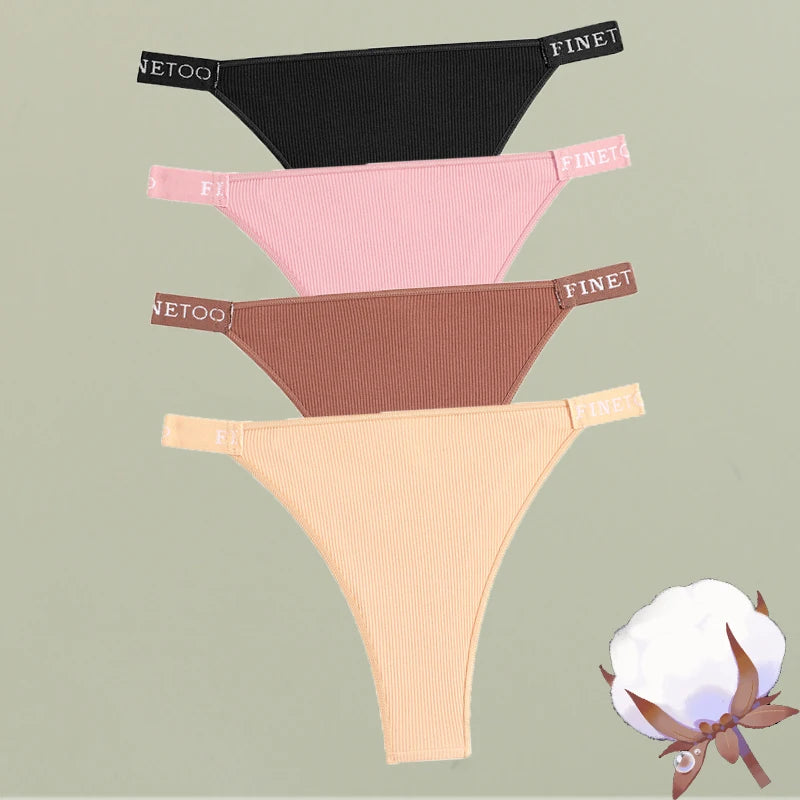 FINETOO 4Pcs/Set Cotton Letter Belt Underwear Women's Panties Sexy Low-Waist Bikini Underpants Female Breathable Briefs Lingerie