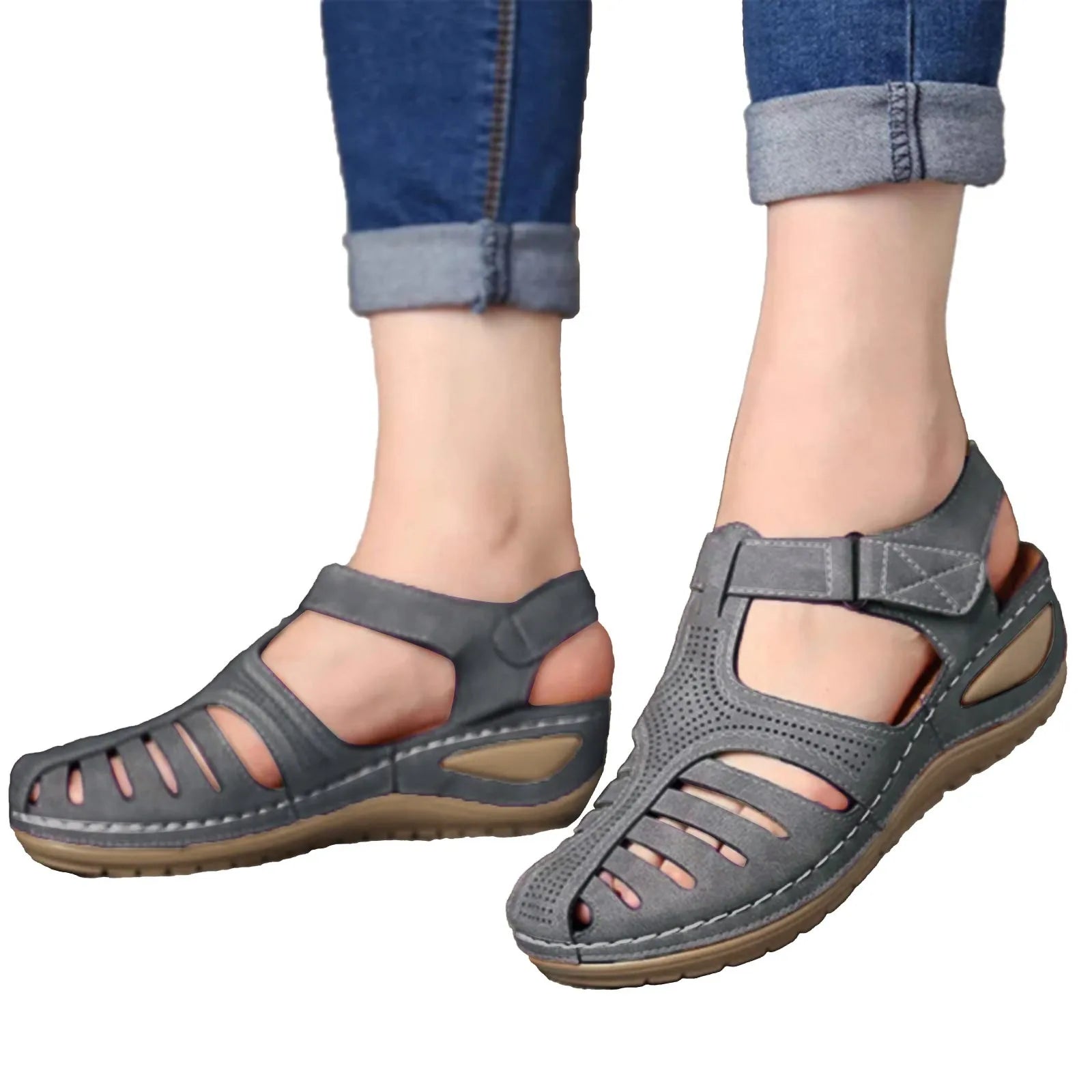 Thick Sole Sandals Woman Summer 2023 Leather Closed Toe Vintage Anti Slip Sandals Thick Sole Premium Shoes  Outdoor Female Shoes