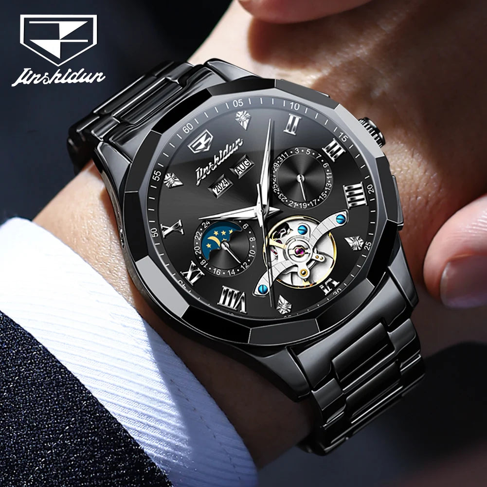 JSDUN Skeleton Flywheel Fully Automatic Mechanical Watch for Men Top Luxury Ceramics Strap Moon Phase Calendar Men's Wristwatch