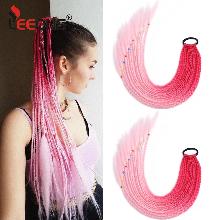 Synthetic 24 Inch Long Colored Box Braids Hair Ponytail With Rubber Bands Rainbow Twist Braided Highlights Ponytail For Women