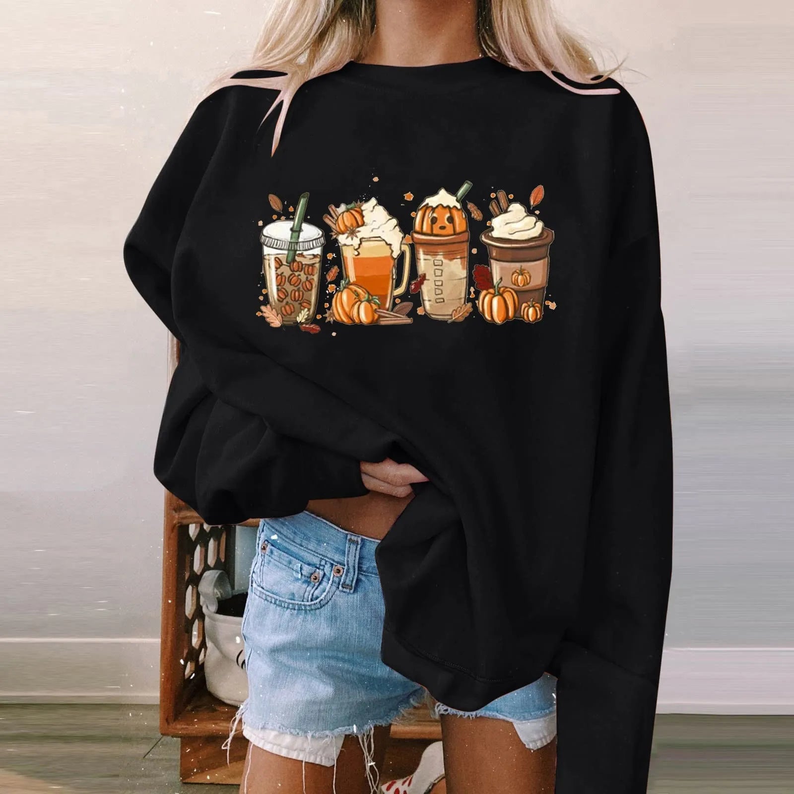 Women's Halloween Sweatshirt Colored Spooky Four Pumpkins Funny Autumn Women Long Sleeve Jumper Halloween Pullovers Top