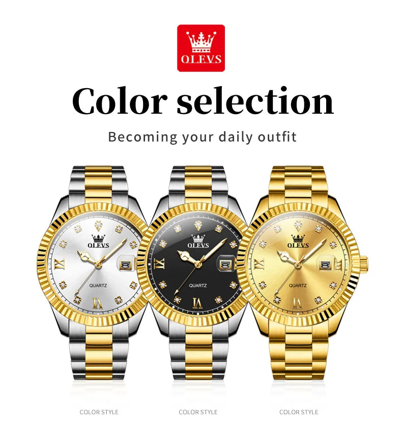 OLEVS 3623 Men's Watches Business Luxury Diamond Roman Scale Waterproof Luminous Stainless steel Gold Wristwatches Man