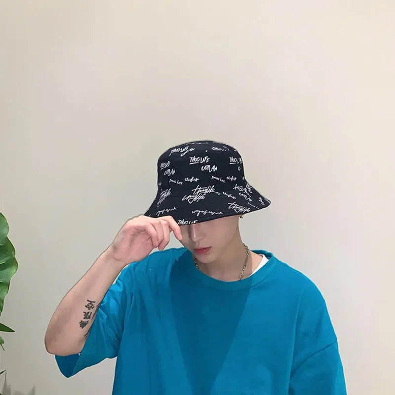 Double-sided Wear Bucket Hats for Men Women Japanese Graffiti Letter Outdoor Sun Caps Unisex Wide Brim Foldable Fisherman Gorrs